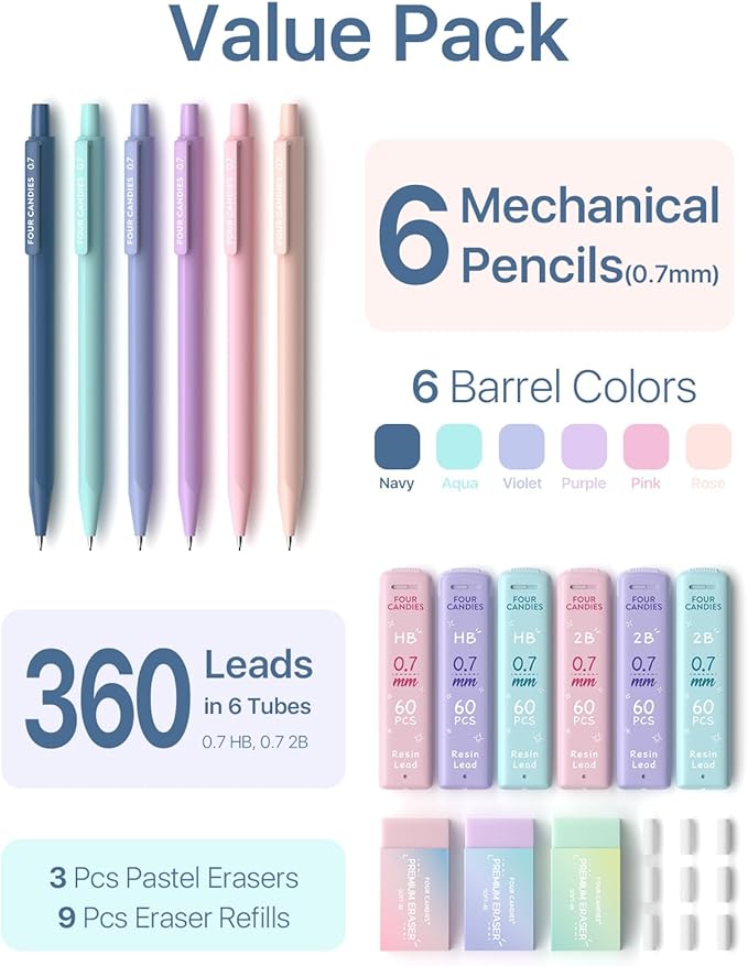 Four Candies Mechanical Pencils 0.7mm, with HB & 2B Lead Refills 0.7, Pastel Eraser Set & Eraser Refills, 16-Count Pack with Case, Cute Aesthetic School Supplies for Writing, Drawing and Sketching
