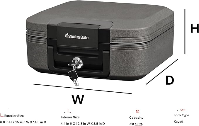 SentrySafe Dark Gray Fireproof and Waterproof Safe with Key Lock, Chest Lock Box with Carrying Handle for Travel, 0.28 Cubic Feet, 6.6 x 15.4 x 14.3 Inches, CFW20201