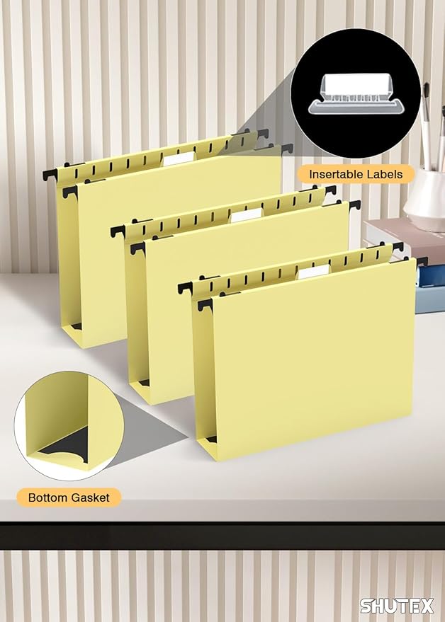 Extra Capacity Plastic Hanging File Folders,12 Pack Reinforced Hang Folder,Heavy Duty 2 Inch Expansion,Filing Cabinet Folders Letter Size for Bulk Files/Medical Charts(Cream Yellow)