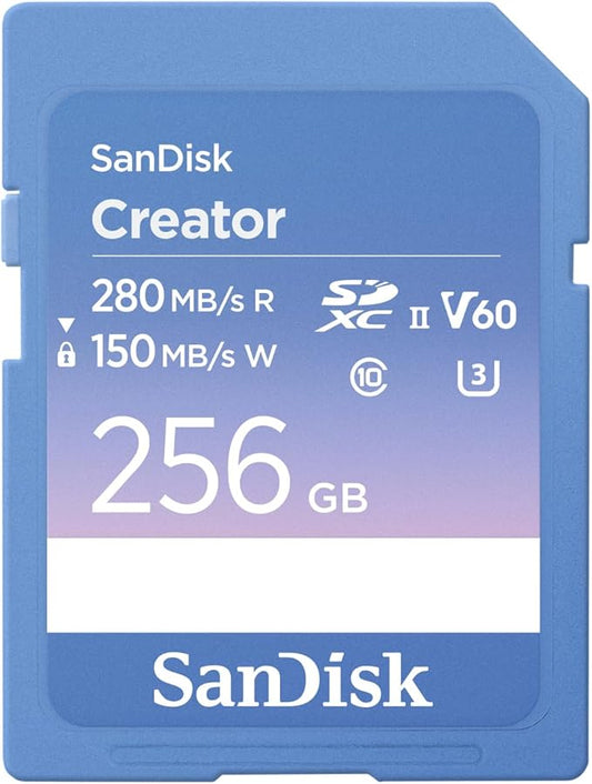 SanDisk 256GB Creator SD UHS-II Card, Read speeds up to 280MB/s, for DSLR and Mirrorless Cameras, 4K UHD, 6K Video, V60, 1 Month of Adobe Creative Cloud Included - SDSDXEP-256G-GNCIS