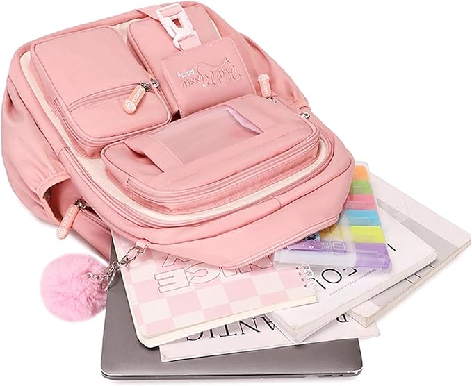 Kids Backpack for Girls School Bags for Middle School Students Book Bag for Elementary Primary Kawaii Ita Backpack, Pink and Beige