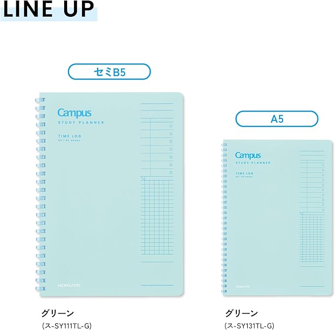 KOKUYO Study Planner Notebook, 10'' x 7'' Time Log B5 Soft Ring Notebooks, 41 To Do Plan Sheets, Green Spiral Notebook, Time Management. Japan Import (SU-SY111TL-G)
