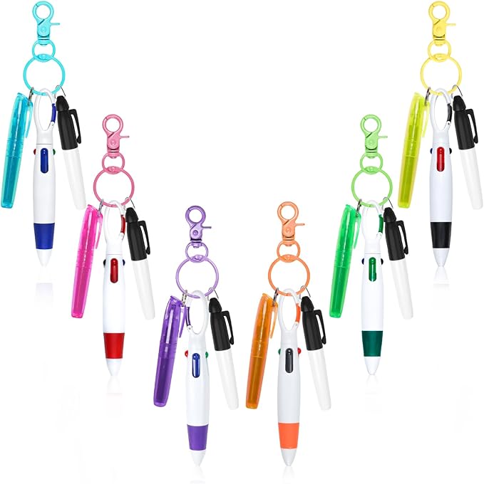 Nurse Pen Set, Mini Highlighter Nurse Pen Pack Set Nurse Pens for Badge Include Tip Highlighter Permanent Marker Pen Retractable Ball Pens with Nursing Keychain Clip for Nurse Present (6 Set)