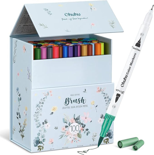 Ohuhu Markers for Adult Coloring Books No Bleeding 100 Colors Coloring Markers Water-based Dual Tips Fineliner & Brush Drawing Pens Art Pens for Kids Adults Sketch Journal - Maui - White