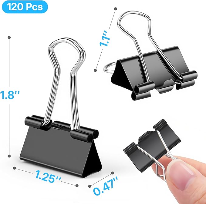 OWLKELA 120 PCS Medium Binder Clips 1.25 Inch, Metal Paper Clamps Bulk, Black Clips for Home, School and Office Supplies