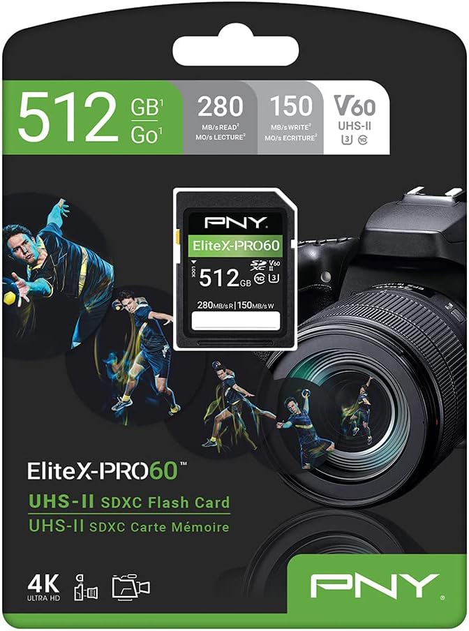 PNY 512GB EliteX-PRO60 UHS-II SDXC Memory Card - R280MB/s W150MB/s, U3, V60, 4K UHD, Full HD, UHS-II for Professional Photographers & Content Creators, DSLR Mirrorless Cameras, Advanced Video Cameras