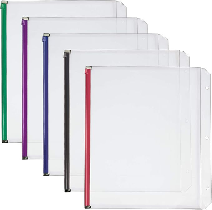 Cardinal Plastic Zippered Binder Pockets, 3-Hole Punched, Fits Full Letter Size 8-1/2" x 11" Sheets, Clear with Multicolor Zippers, 5-Pack (14650)