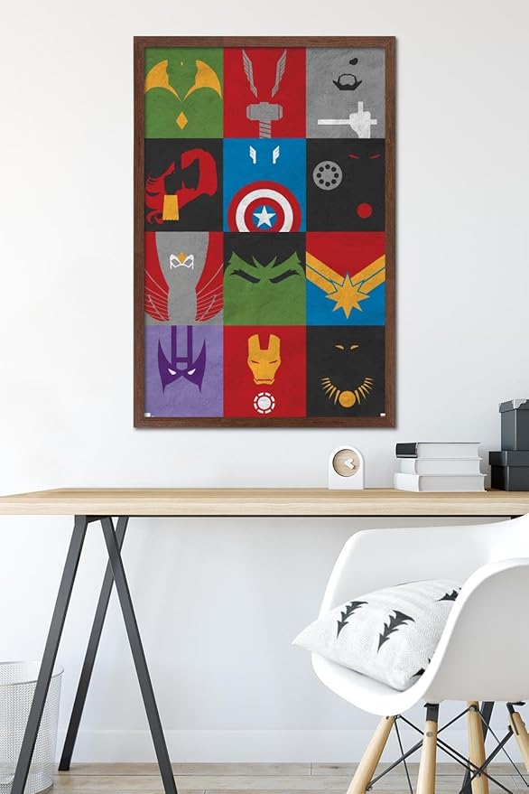 Trends International Marvel Comics - Avengers - Minimalist Grid Wall Poster, 22.375" x 34", Mahogany Framed Version