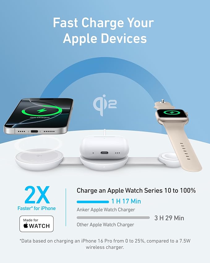 Anker MagSafe Compatible MagGo UFO 3-in-1 Charger, iPhone 17 Wireless Charging Station, 15W Qi2 Certified, Foldable Travel Charging Pad, for iPhone 17/16/15/14, AirPods, Apple Watch (Not a Power Bank)