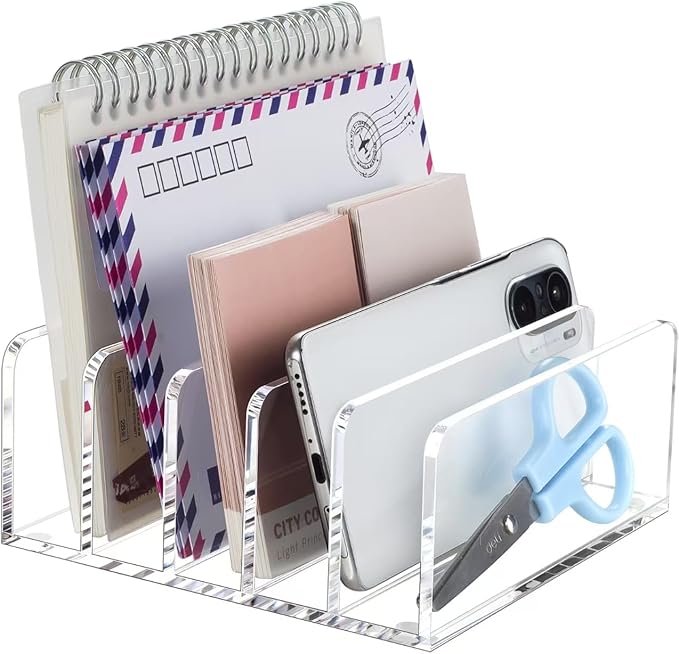 BEYGORM Acrylic Mail Holder, Clear Multifunction Desk Organizer with Divider, Vertical Letter Sorter for Desktop, 5 Compartments Modern Office Home Envelope Organizer for Bill, Document, Folder