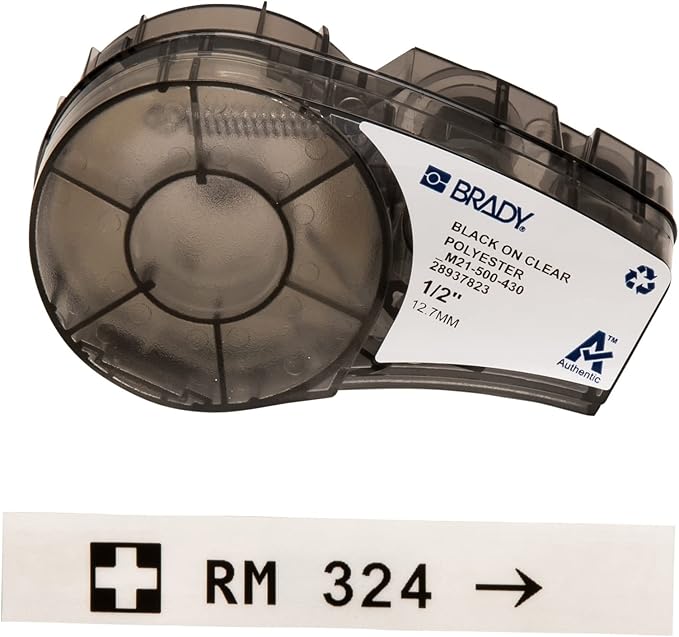 Brady Authentic (M21-500-430) Clear Harsh Environment Polyester Label for Lab, Asset Tracking, Datacom Labeling, Black on Clear- For M210, M210-LAB, M211, BMP21-PLUS and BMP21-LAB Printers, .5"W 21'L