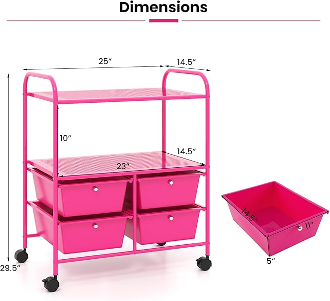 COSTWAY 4-Drawer Storage Cart, Mobile Storage Organizer w/Steel Frame & 360° Wheels, 4-Drawer Utility Cart for Living Room, Kitchen, Bathroom & Office, Hot Pink