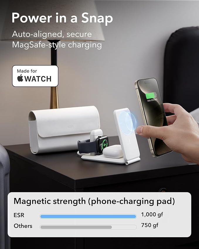 ESR for 3 in 1 Magsafe Charger, Travel Charger Stand Made for Apple Watch Certified, Foldable Charging Station Compatible with Magsafe and iPhone 17/16/15/14/13/12, AirPods 4/3/Pro, White