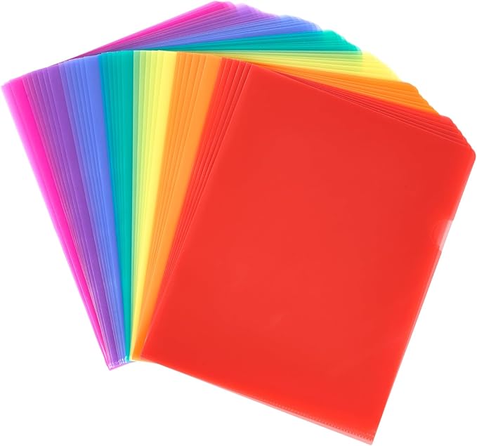Sooez 36 Pack Clear Document Folder Project Pockets, Clear Plastic Folders Letter Size Plastic Document Folders Paper Poly Jacket Sleeves Folders Copy, 6 Assorted Colors
