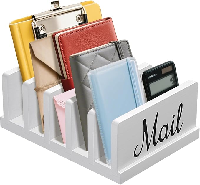 Mail Organizer for Desk,Wooden Mail Holder with Divider, 5-Slot Letter Sorter File Holder,Vertical Bill Organizer for Desktop Document/Notebook/Filing/Folders/Paper