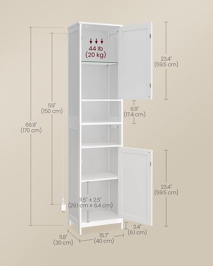 VASAGLE Tall Bathroom Cabinet with Lights, Slim Freestanding Bathroom Storage Cabinet with Adjustable Shelves, for Small Spaces, Modern, 15.7 Inches Wide, Cloud White UBBC766W02