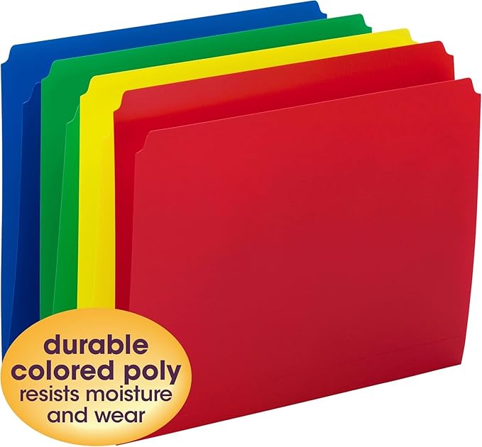 Smead Poly File Folder, Straight-Cut Tab, Letter Size, Assorted Primary Colors, 24 Count
