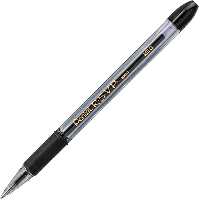 Pentel RSVP Razzle-Dazzle Ballpoint Pen, (1.0mm) Medium Line, Black Barrel, Black Ink, Box of 12 (BK91RDA-A)