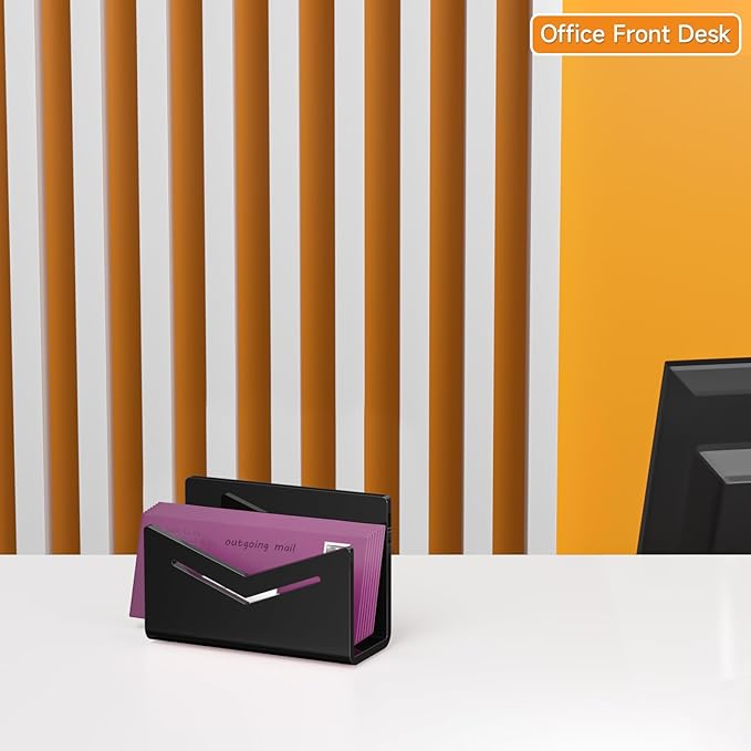 Beego Envelope and Mail Organizer Countertop - Black Acrylic Desk Organizer Letter Holder Desktop File Sorter Bill Document Folder Rack for Office, Home, School Desk Organization