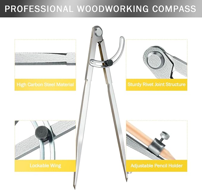 Compass Geometry Tool Set – 12 Inch Drafting Compass with Wing, 6 Inch Protractor, 12 Inch Metal Ruler & Pencils – Precision Drawing Compass for Geometry, Woodworking, Carpenters, Students-L2