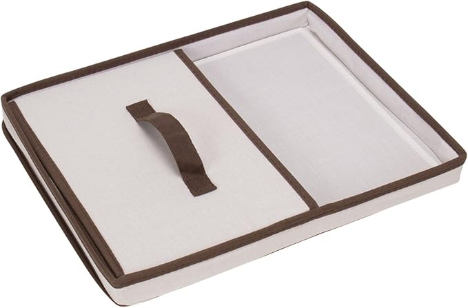 Household Essentials 513 Storage Box with Lid and Handle - Natural Beige Canvas with Brown Trim - Large