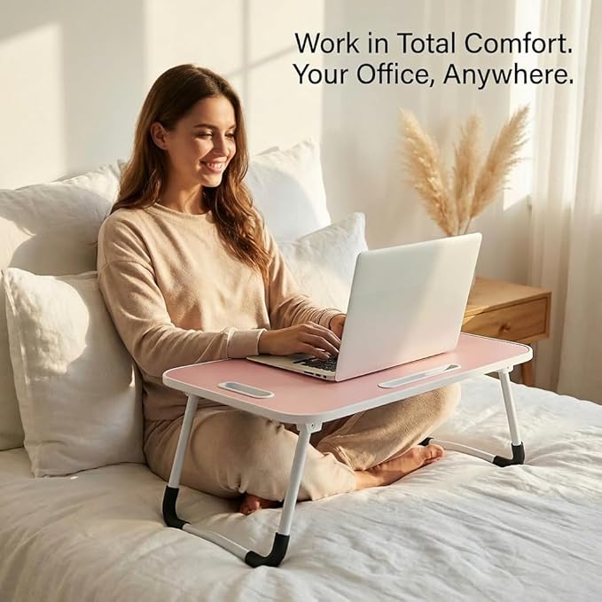 BUYIFY Folding Lap Desk, 23 Inch Portable Wood Blue Laptop Bed Desk Lap Desk with Cup Holder, for Working Reading Writing, Eating, Watching Movies for Bed Sofa Couch Floor -new008 Pink
