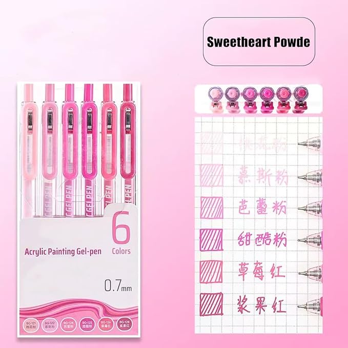 6 Pcs Acrylic Gel Pens 0.7mm Quick Dry Colorful Fine Point Smooth Writing Ballpoint for Adult Coloring, Black Paper, Drawing, Journaling, Note Taking, Sweet Pink