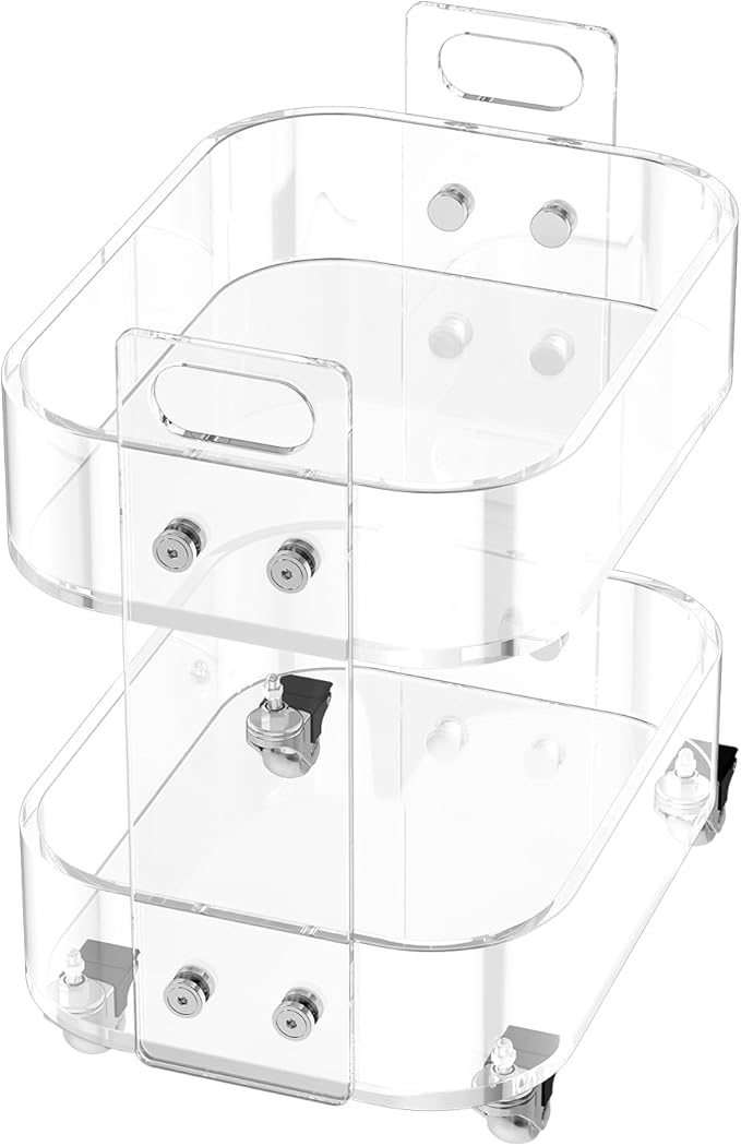 VEVOR Acrylic Bar Cart with 4 Lockable Wheels, Clear Mobile Utility Rolling Cart, Multifunction Serving Cart for Home Bar, Kitchen, Bathroom, Living Room, with Pulling Handle, 2-Tier, Modern