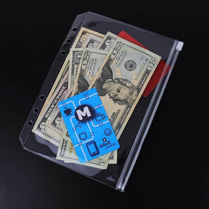 12PCS A5 Clear Zipper Binder Pockets with 6 Holes for Journal & Budget Filing