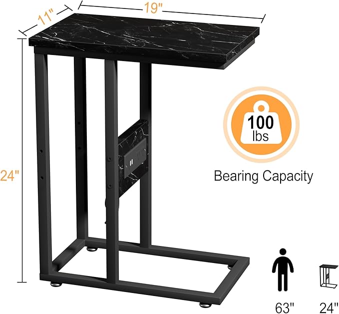 VECELO C Shaped End Table with Charging Station & Power Outlets, Quick Access Side Table for Sofa, C Bedside for Living Room Bedroom 1 Set,Black Marble
