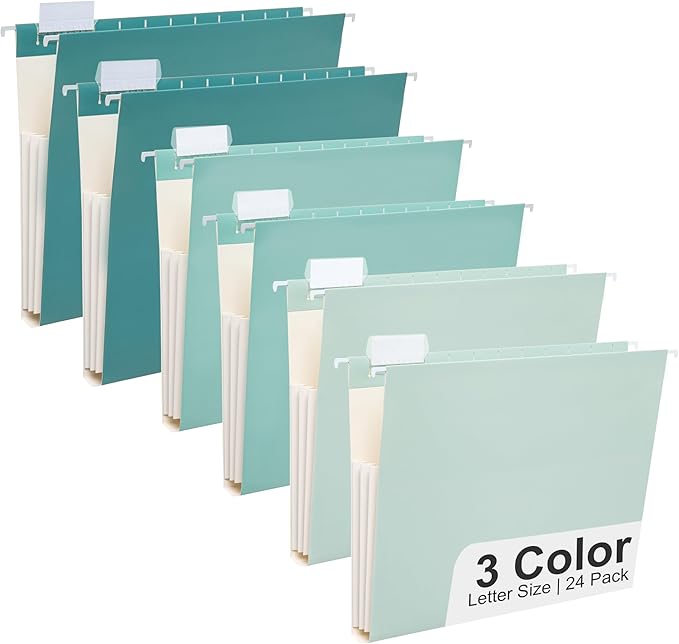 Y YOMA Letter Size - 24 Pack Extra Capacity Hanging File Folders Accordion Decorative Reinforced File Folder Cute Colored Expandable Folder for Office Home with 1/5-Cut Adjustable Tabs, Teal Blue
