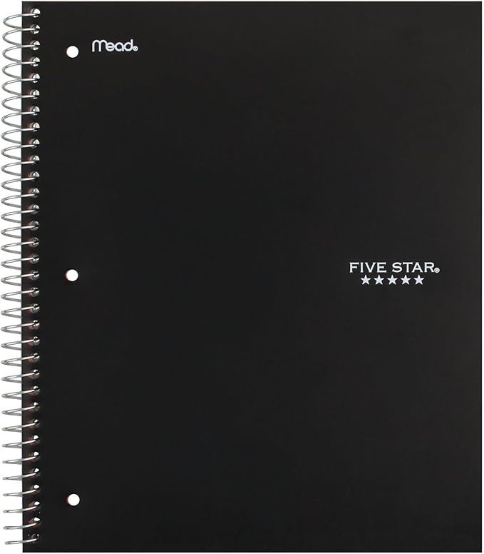 Five Star Spiral Notebook + Study App, 3 Subject, Wide Ruled Paper, 8" x 10-1/2", 150 Sheets, Black (73094) (Pack of 2)