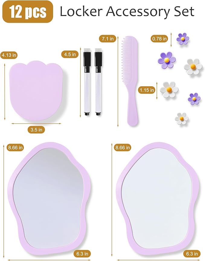 KEYDUACU 12 pcs Girls Locker Accessories, Locker Decorations Including Mirrors, whiteboards, Magnets and organizing Supplies. Ideal for Back-to-School Essentials and The Office (12 pcs-Purple)