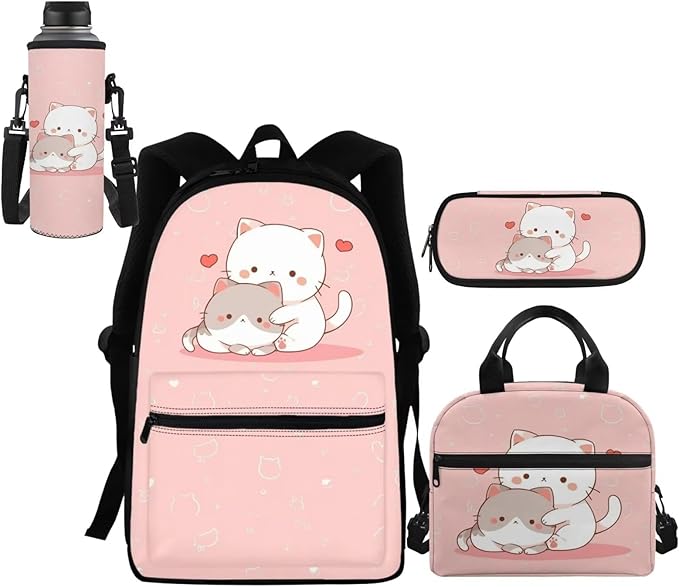 Girls School Bag for Kids 6-8 10-12 Kawaii Cat Backpack Set with Lunch Bag Pencil Case Water Bottle Sleeve Elementary Middle High School Bookbag College Rucksack Daypack
