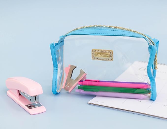 Lilly Pulitzer Clear Zipper Pouch, Cute Pencil Case for Adults, Travel Toiletry Bag, Small Pouch Bag for Supplies, Makeup or Toiletries (Frenchie Blue)