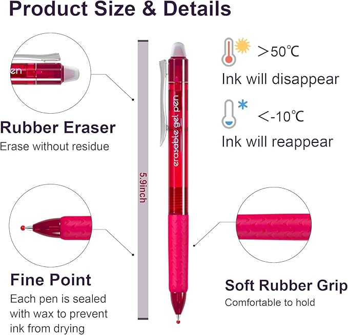 Erasable Gel Pens, 12 Colors Retractable Fine Point Erasable Pens Clicker, Assorted Color Inks, Make Mistakes Disappear for Drawing Writing Planner and Crossword Puzzles