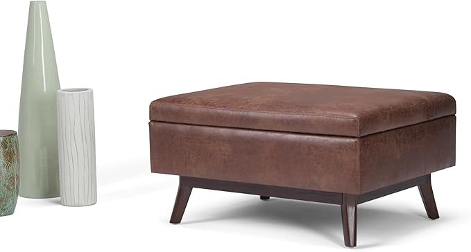 SIMPLIHOME Owen Coffee Table Storage Ottoman - 34 inch Wide Upholstered Vegan Leather Rectangular Lift-Top Ottoman in Distressed Saddle Brown, Mid-Century Bench for Living Room with Tapered Legs