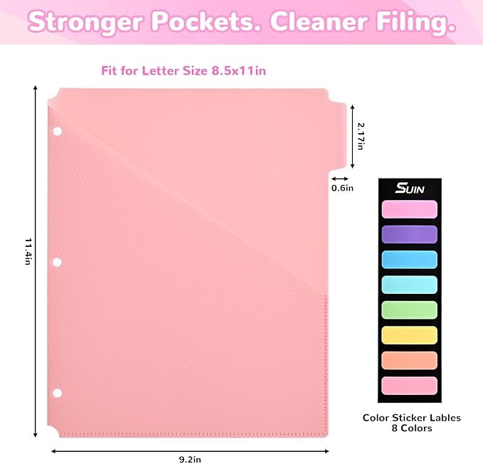 SUIN 5-Tab Binder Dividers with Pockets - Heavy Duty Plastic Dividers for 3 Ring Binder, Letter Size Poly Page Separators with Tabs & Label Stickers, Diamond Texture, 5 Pastel Colors, 1-Pack