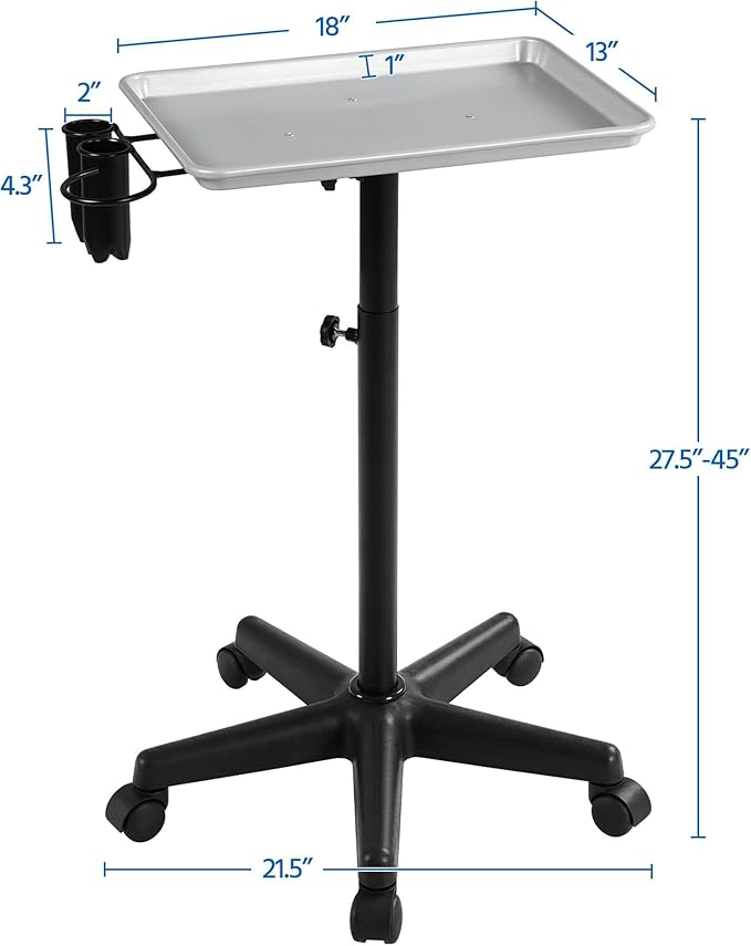 Yaheetech Rolling Salon Tray - Aluminum Trolley Cart Equipment on Wheels & Adjustable Height Mobile Beauty Salon Spa Stools Service Instrument Storage Tray w/Accessory Caddy - Silver