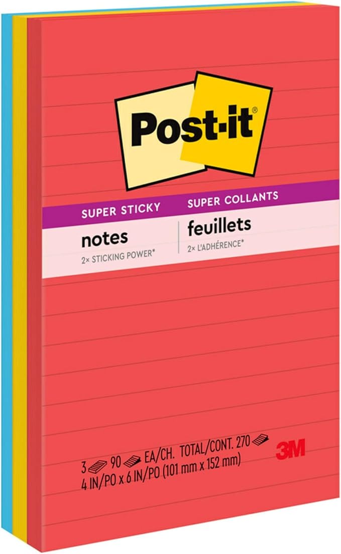 Post-it Super Sticky Lined Notes, 3 Sticky Note Pads, 4 x 6 in., Ideal for Organization in Your Dorm, Home or Office, Playful Primaries Collection