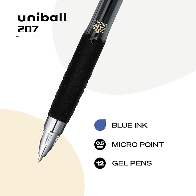 uniball 207 Retractable Gel Pens, Micro Point (0.5mm), Blue, 12 Count (Pack of 2)