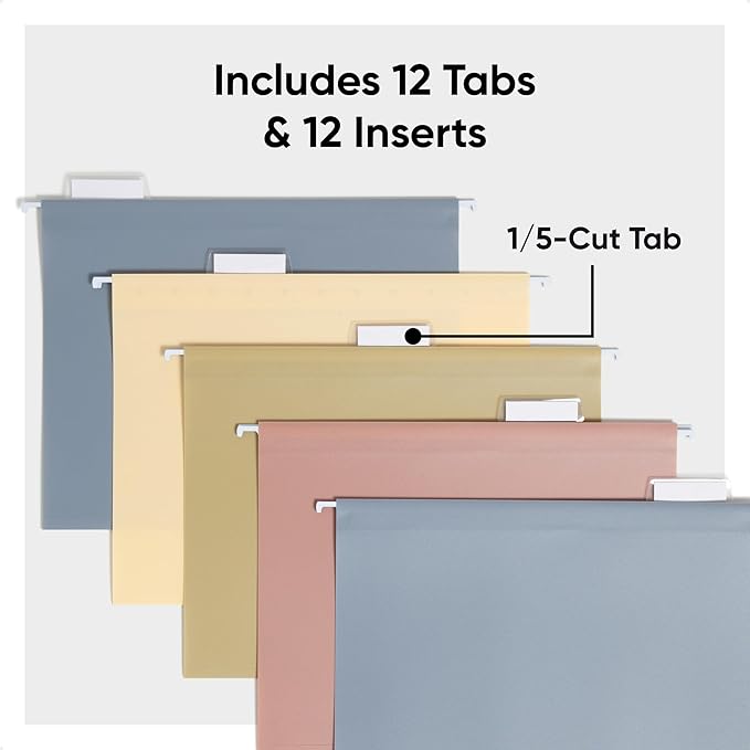 Smead Poly Plastic Hanging File Folders for Documents with Tabs, Letter Size, 0.5 Inch Expansion, File Cabinet Organizer for Filing Cabinets, Assorted Dawn Colors, 12 Pack, Office Supplies (10524)
