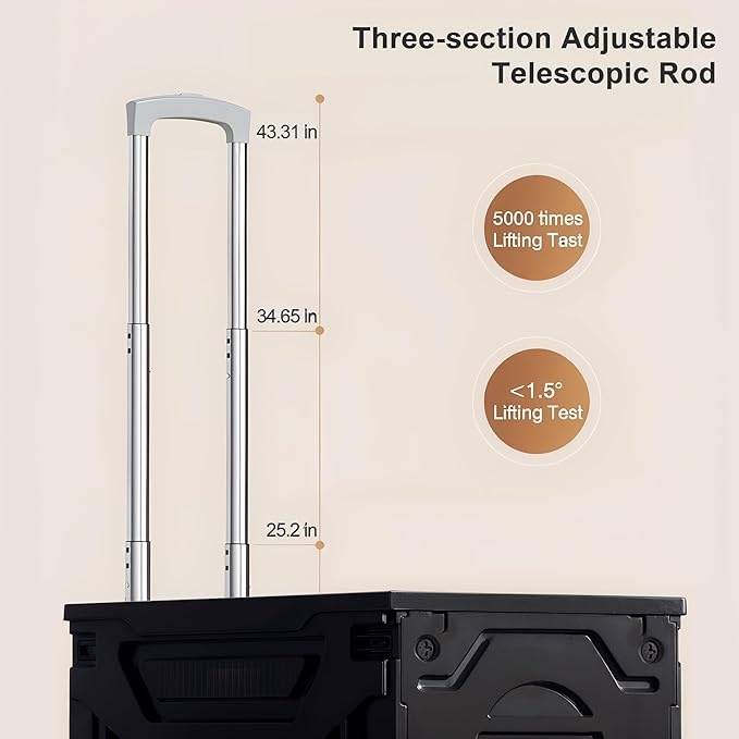 VECELO Rolling Carts with Wheels, Foldable Utility Cart, Light Weight Platform Trucks Dolly, with Recessed Design for Lids, 4 Heavy Duty Wheels, Ideal for Shopping, Camping, Teachers, Elegant Black