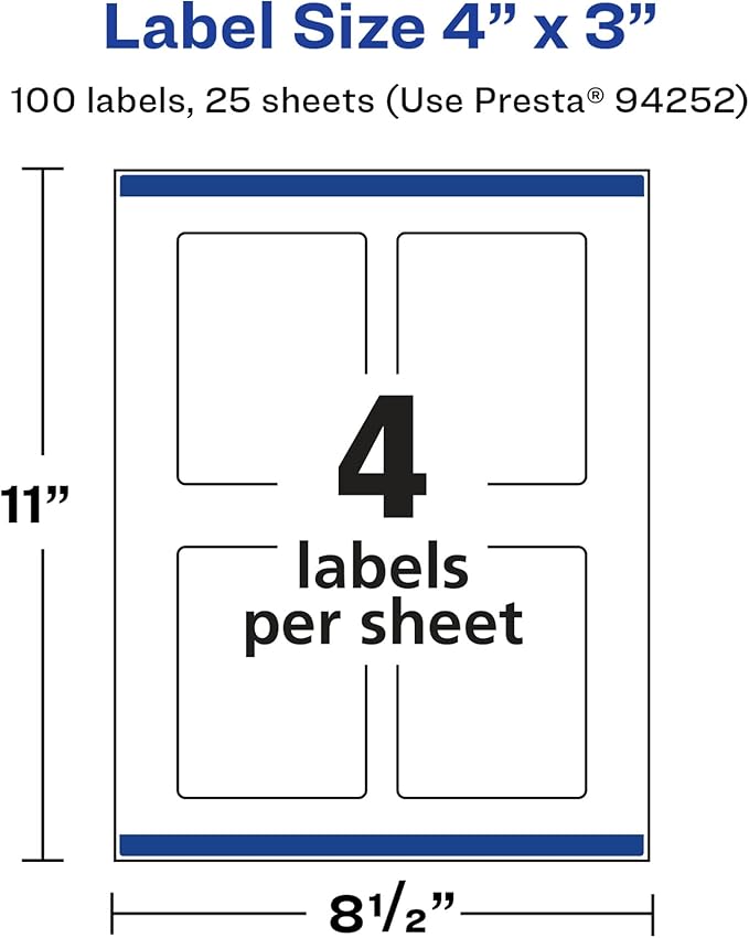 Avery Glossy White Rectangle Labels, Sure Feed Technology, 4" x 3", 100 Glossy White Labels, Print-to-The-Edge, Permanent Adhesive, Laser/Inkjet Printable