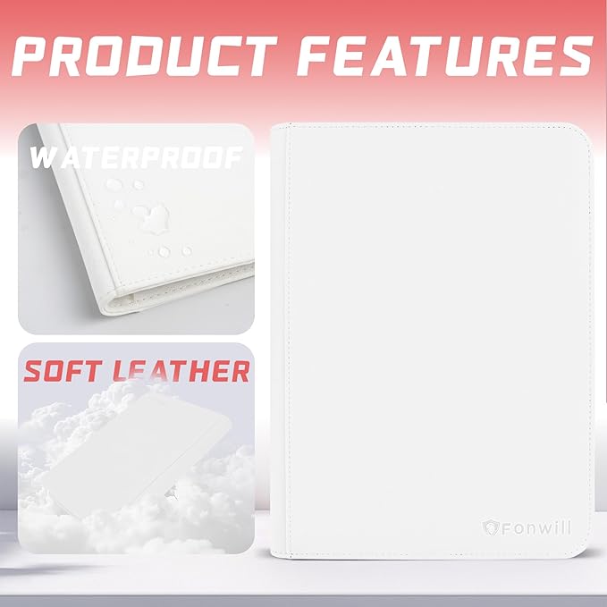 9 Pocket Card Binder, Premium Zip Trading Card Binder, 360 Double Sided Pocket PU Collection Binder, Collector Album, Card Folder for MTG, TCG, Sports Cards (White)