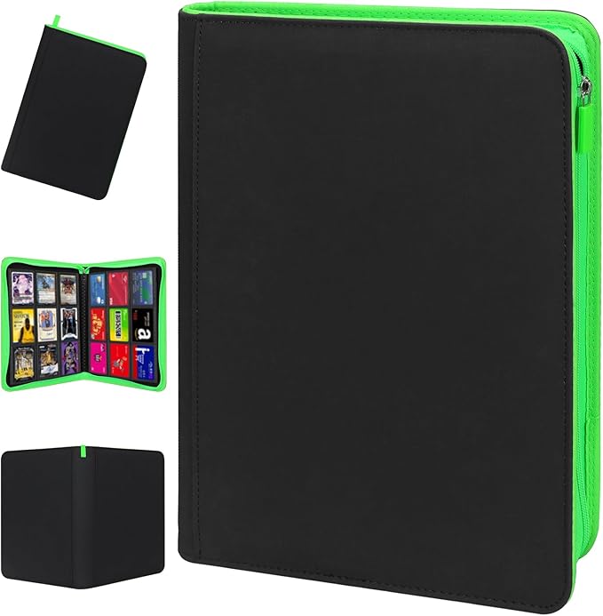 Premium Trading Card Storage Album,9 Pocket 40 Side Pages, 360 Cards,Black Zipper Binder for Collectible Games, Sports Card Organization&Protection (Black Fluorescent Green Light)
