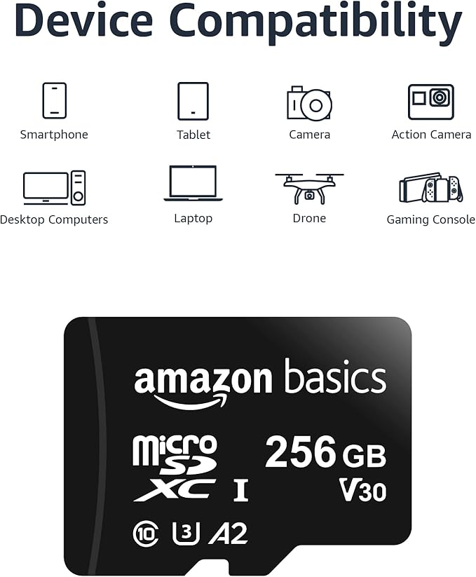 Amazon Basics Micro SDXC Memory Card with Full Size Adapter for Smartphones, Tablets, Action Cameras, Full HD, A2, U3, Read Speed up to 100 MB/s, 256 GB, Black