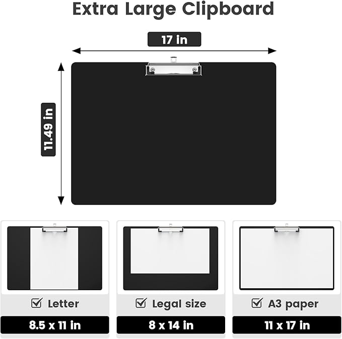 Extra Large 11x17 Clipboards, Plastic Black Drawing Boards, Horizontal Clip Board, Landscape Layout. Suitable for Watercolor, Sketching, Painting. Art & Drafting Supply(Pack of 6)