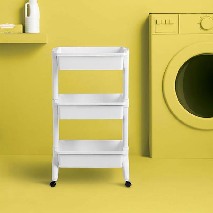 Sterilite 3 Tier Utility Cart Portable Storage Open Bin Organizer with 360 Degree Smooth Rolling Caster Wheels, Supports 10 lb Per Tier, White, 3-Pack