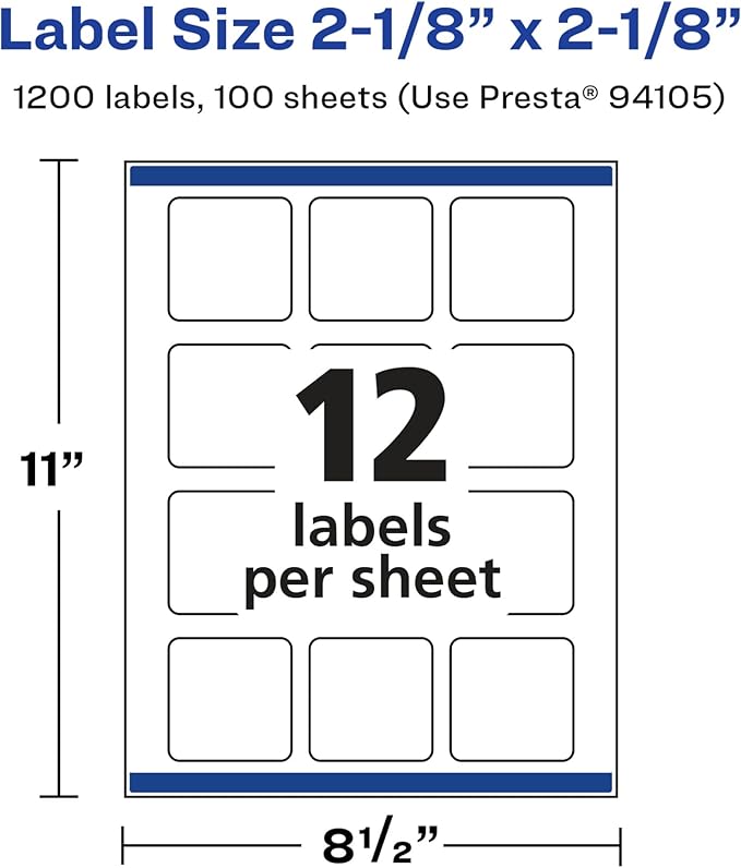 Avery Glossy White Square Labels, Sure Feed Technology, 2-1/8" x 2-1/8", 1,200 Glossy White Labels, Print-to-The-Edge, Permanent Adhesive, Laser/Inkjet Printable